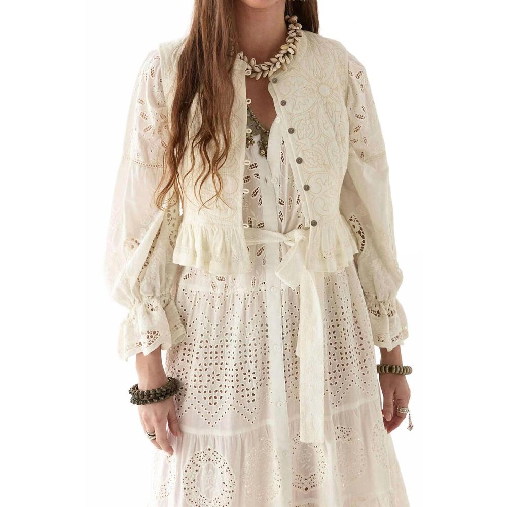 Maison Hotel Boho Embroidered Ivory Cotton Vest
